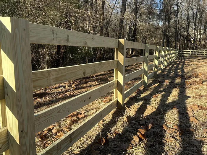 A four board ranch rail fence running away across a wooded lot in long afternoon shadow